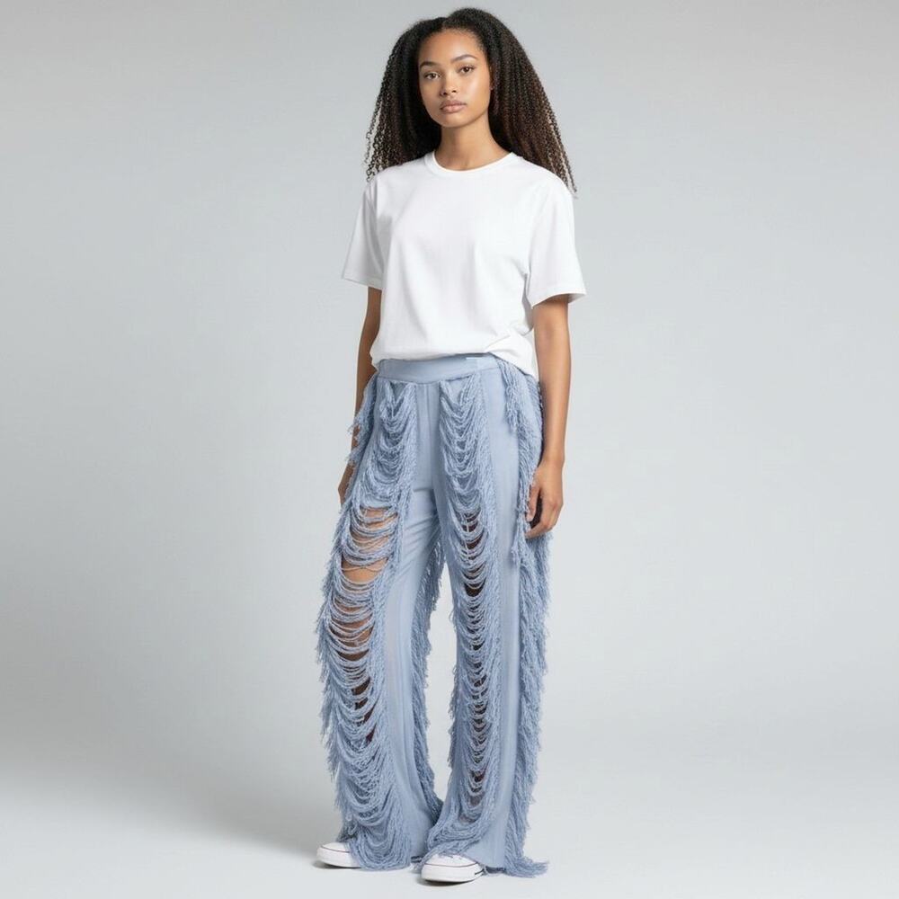 C5 Auth THRIFTS + THREADS Light Denim Blue Knit Fringed Legs Alaia Pants Size M